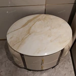 Round Cream Tufted Leather Nightstand with White Marble Top and Dark Glossy Frame